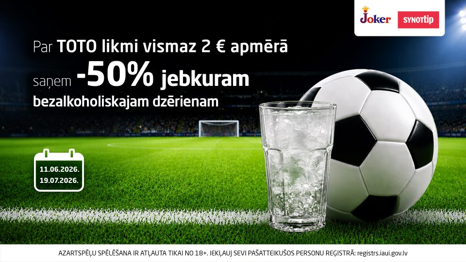 Futbola vasara kopā ar Joker un Synottip: 3 × 10 € bezriska likmes un īpašs piedāvājums sporta bārā