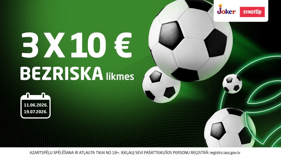 Futbola vasara kopā ar Joker un Synottip: 3 × 10 € bezriska likmes un īpašs piedāvājums sporta bārā